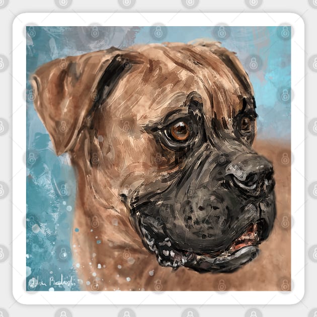 Painting of a Brown Coated Boxer Dog Looking to the Side on Light Blue Background Sticker by ibadishi